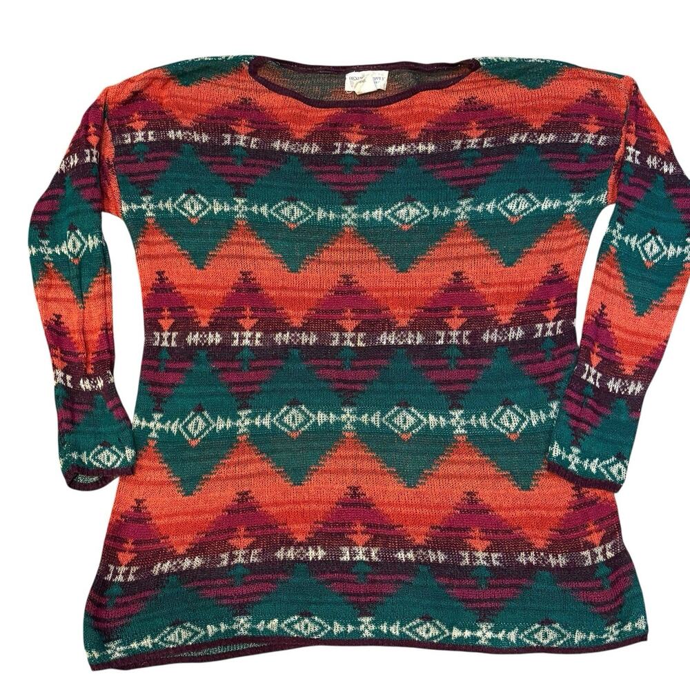 Vintage Denim & Supply Ralph Lauren Aztec Open Knit Cotton Boat Neck Sweater M
